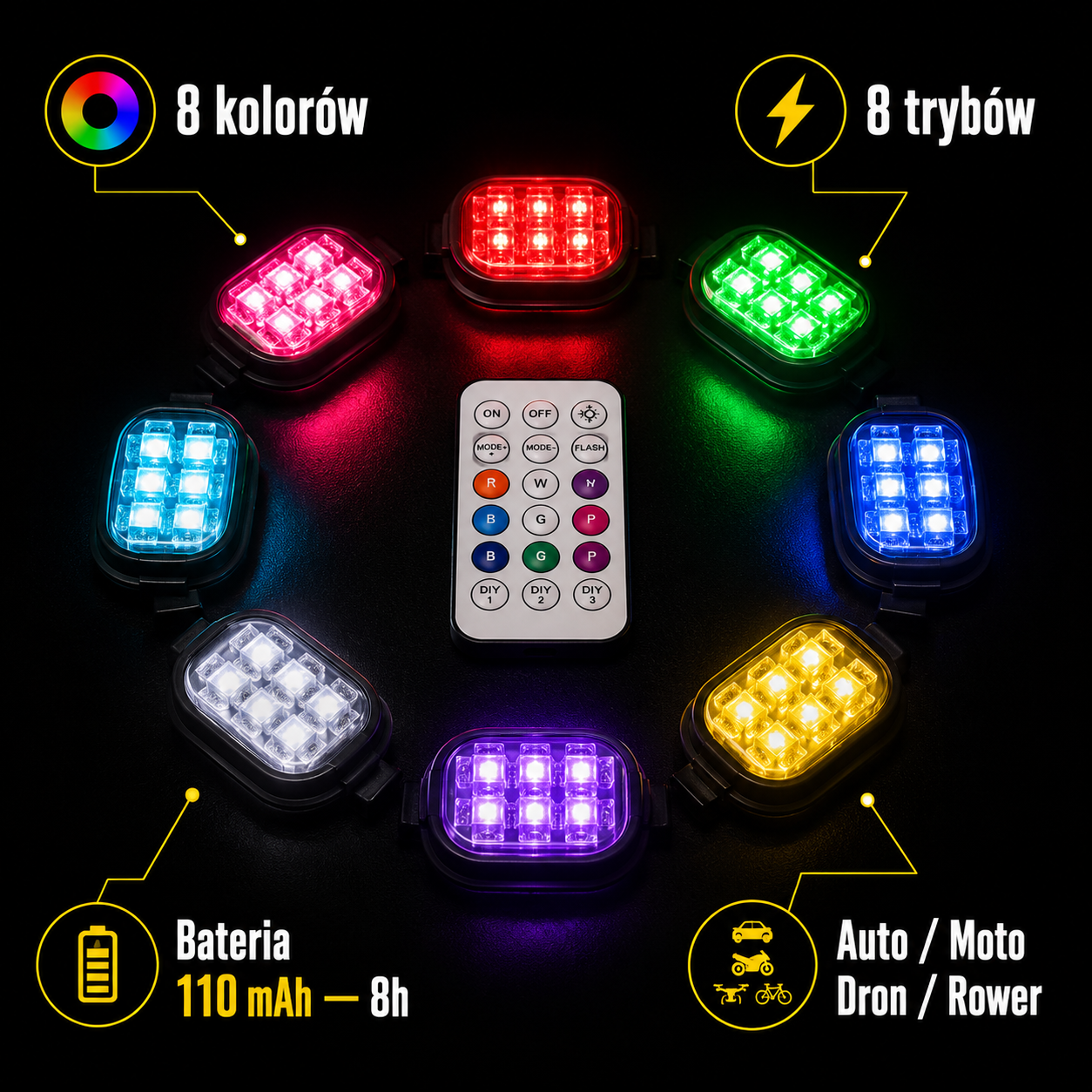Lampy LED RGB 8 Kolorów - Bezprzewodowe z Pilotem | ZoneCar™