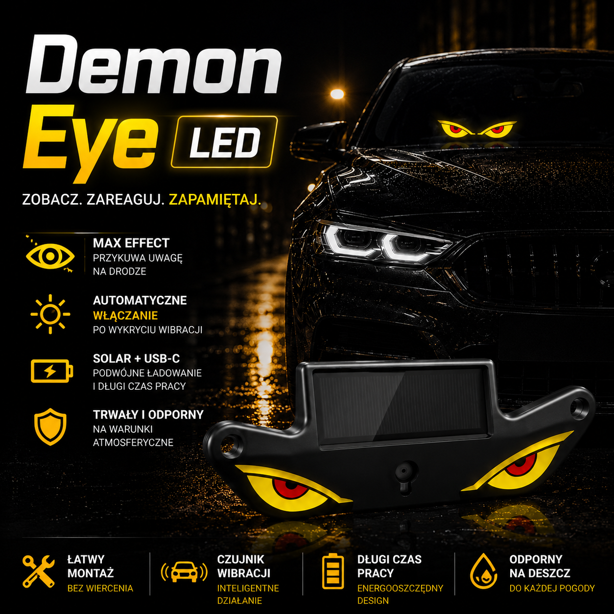 Demon Eye LED - Solarne Oświetlenie na Szybę | ZoneCar™
