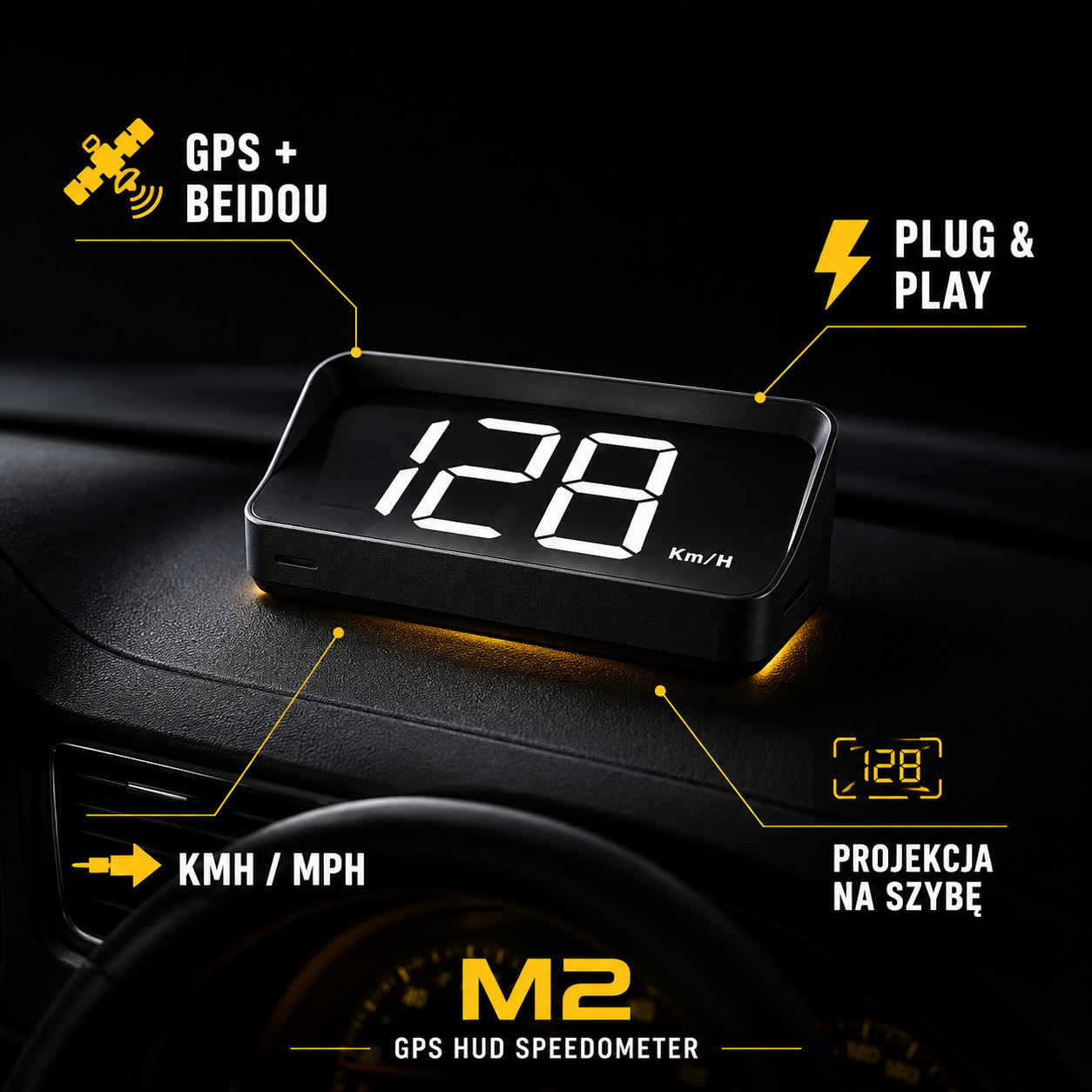 Prędkościomierz HUD GPS M2 Plug & Play - Projektor na Szybę | ZoneCar™
