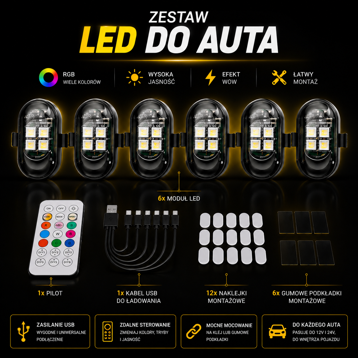 Lampy LED RGB 8 Kolorów - Bezprzewodowe z Pilotem | ZoneCar™