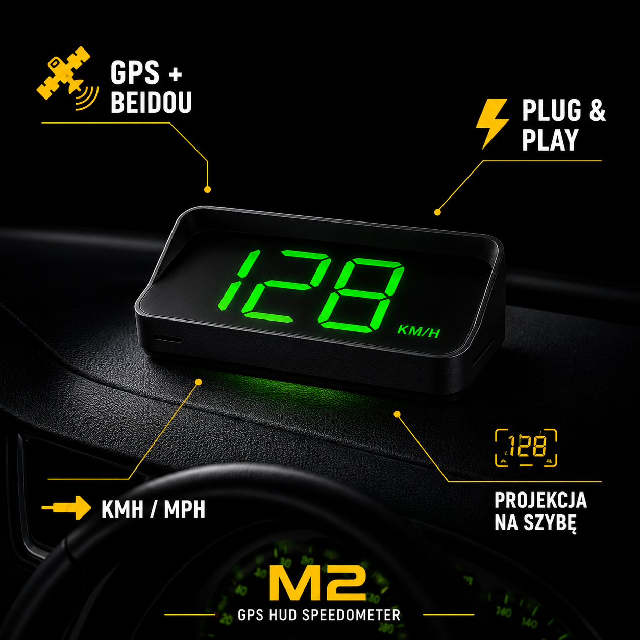 Prędkościomierz HUD GPS M2 Plug & Play - Projektor na Szybę | ZoneCar™